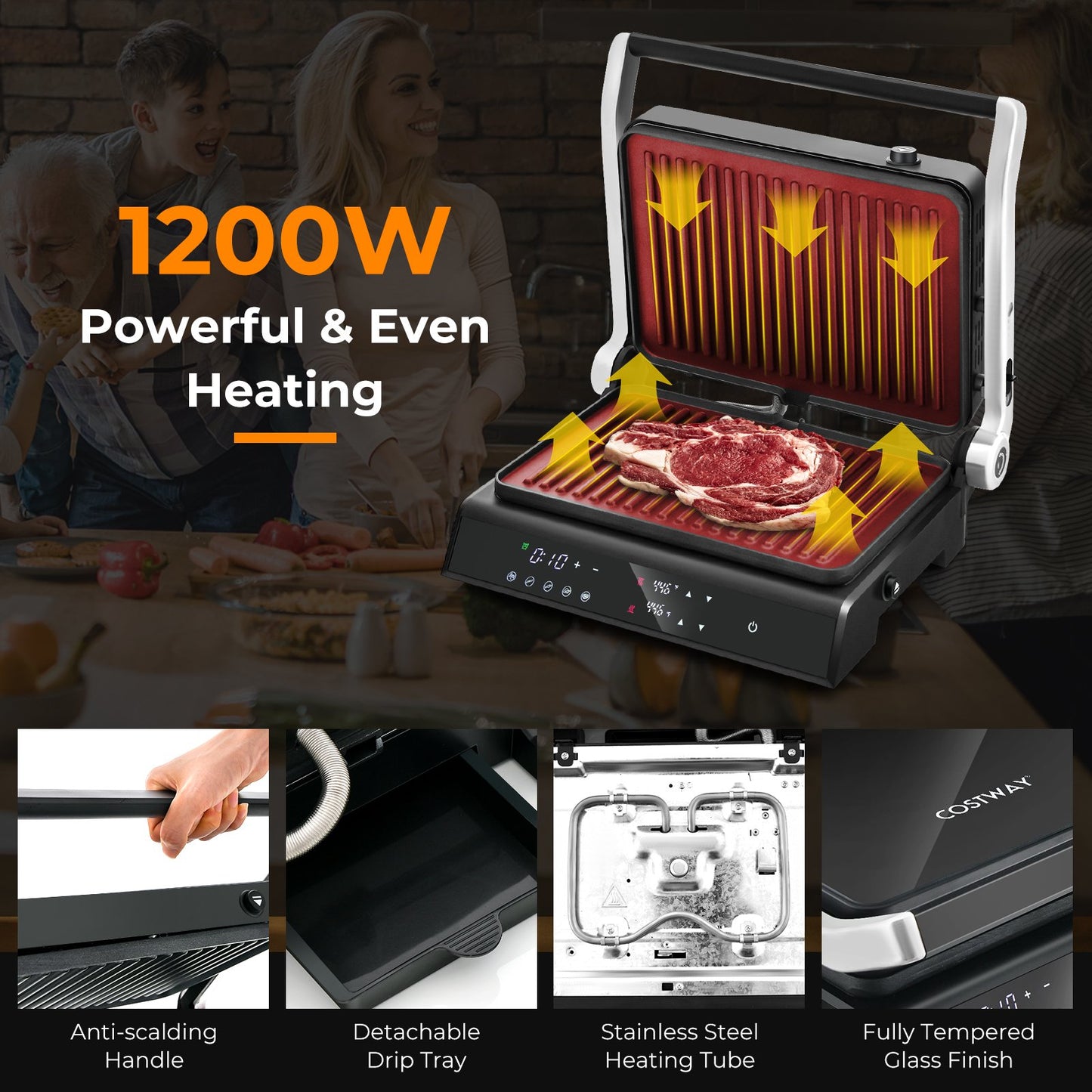 3 in 1 Indoor Grill with 180-degree Opening Design and 5 Auto Cooking Modes