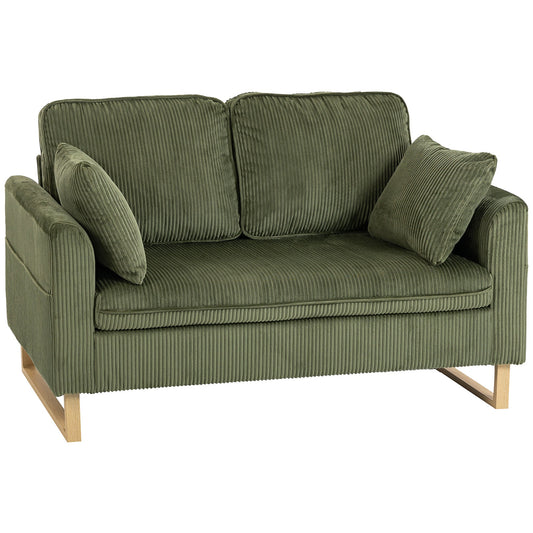 HOMCOM 2 Seater Sofa, 140 cm Loveseat Sofa with Spring Cushions, Metal Legs, 2 Pillows, Dark Green