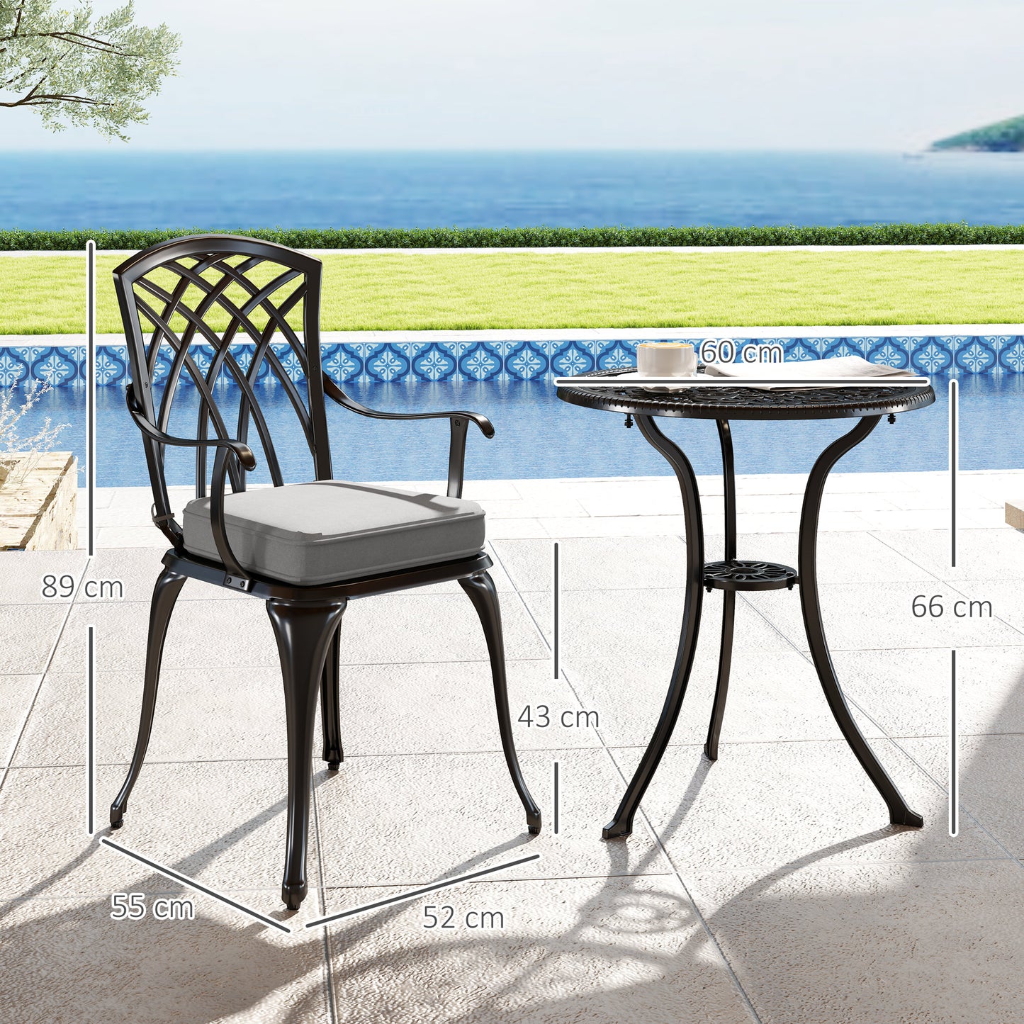 Outsunny 3-częściowy zestaw ogrodowy z odlewanego aluminium dla 2 osób, zestaw stolików kawowych na zewnątrz, odporny na rdzę z otworem na parasol, poduszki, stół tarasowy i krzesła do ogrodu, balkon, czarny