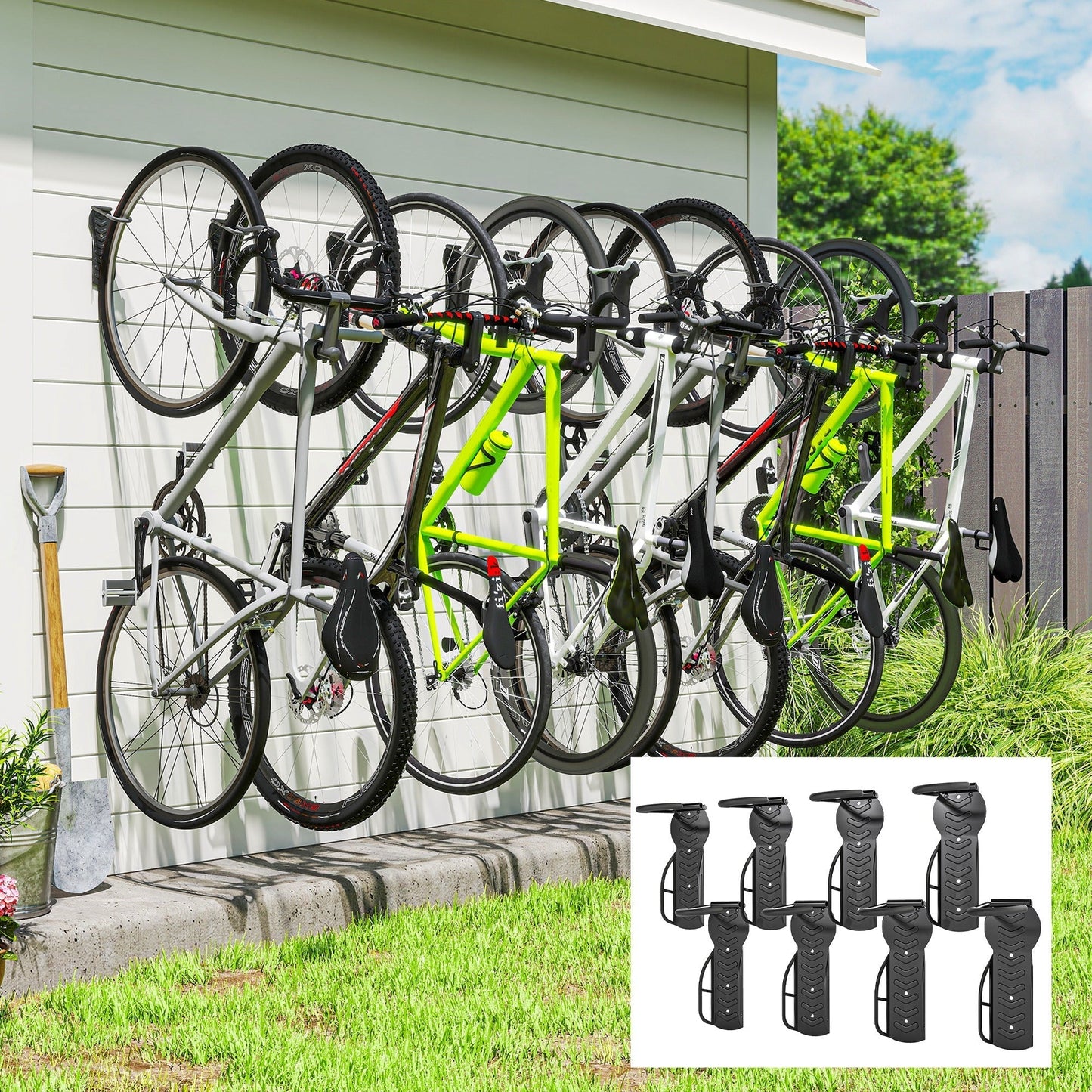 SPORTNOW 8 Pack Bike Rack, Wall Mounted Bicycle Hanger Hook, Foldable Garage Bike Wall Rack, Bicycle Storage Holder for Indoor Outdoor Use