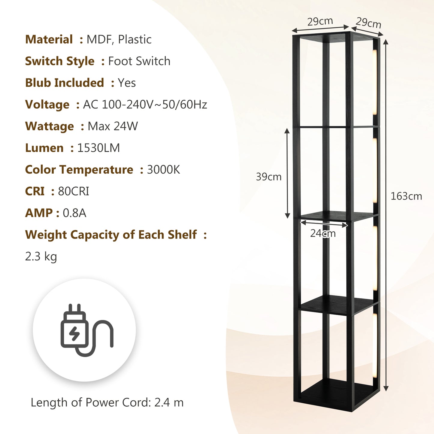Floor Lamp with 3-Level Dimmable LED Bulbs and Rotatable Poles-Black