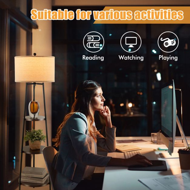 Floor Lamp with Shelves Linen Lampshad and Chain Switch