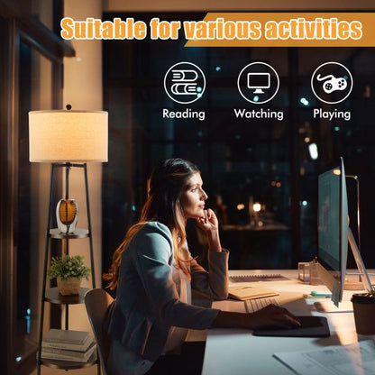 Floor Lamp with Shelves Linen Lampshad and Chain Switch