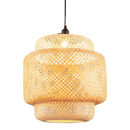 Bamboo Pendant Light with Lampshade and Plug in Cord