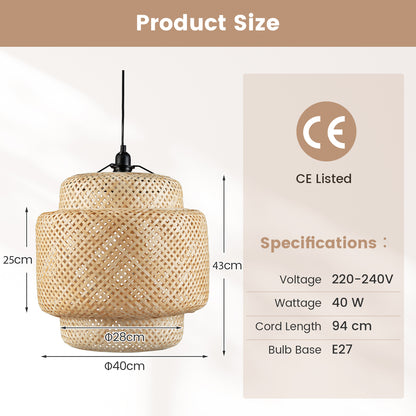 Bamboo Pendant Light with Lampshade and Plug in Cord