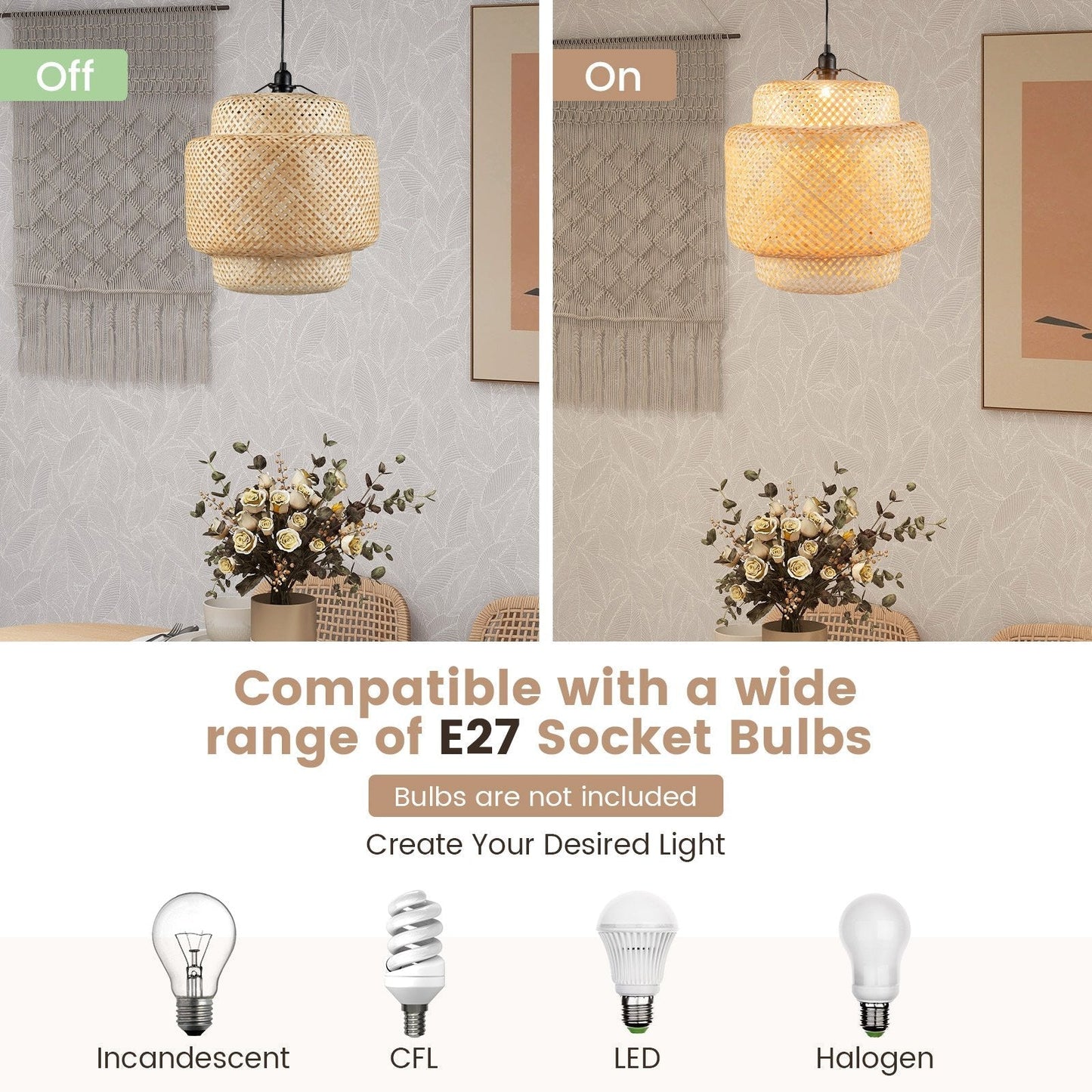 Bamboo Pendant Light with Lampshade and Plug in Cord