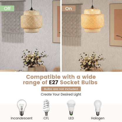 Bamboo Pendant Light with Lampshade and Plug in Cord