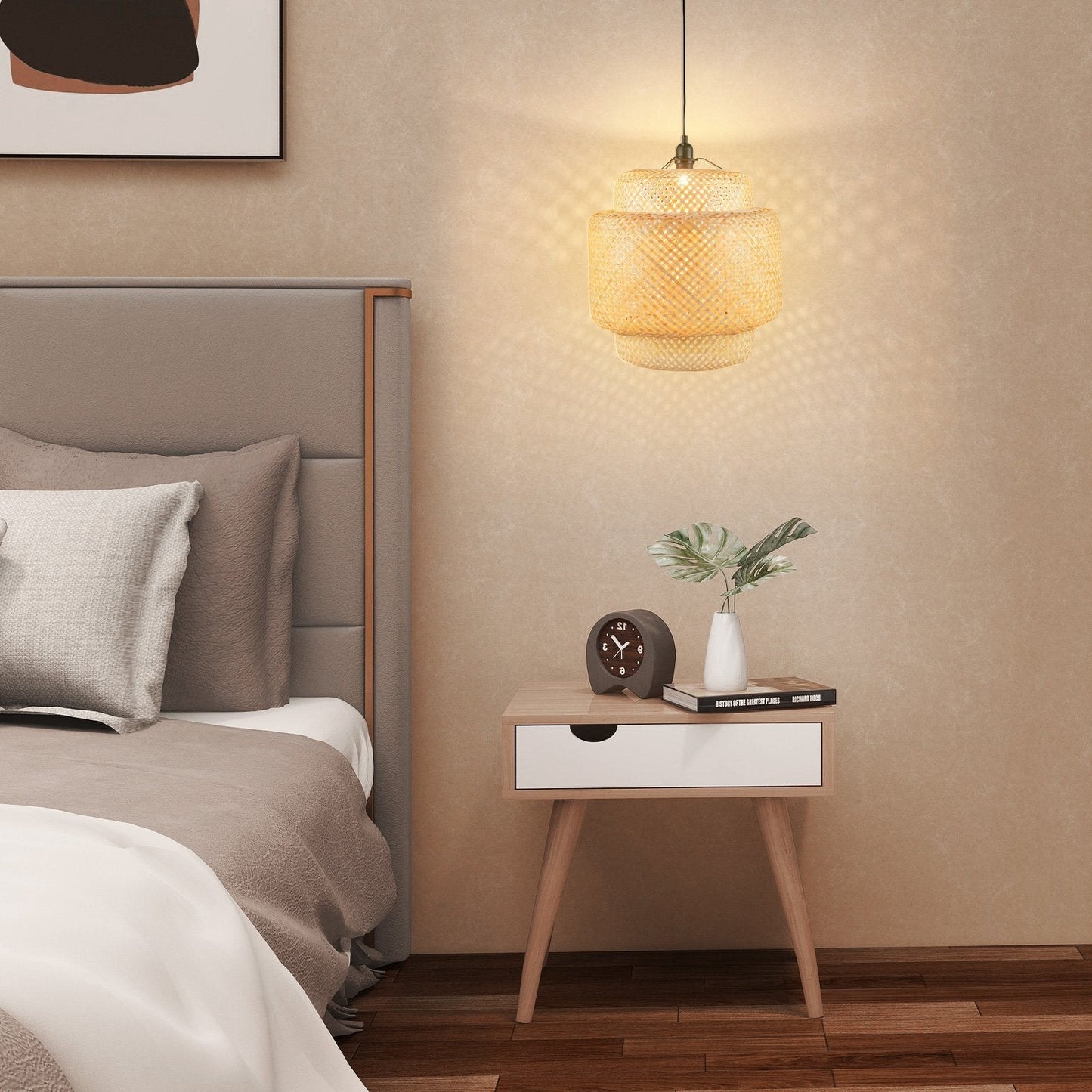 Bamboo Pendant Light with Lampshade and Plug in Cord