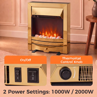 HOMCOM Electric Fireplace Stove Freestanding/Inset, 2000W, Electric Fire with LED Flame, Pebbles, Adjustable Thermostat, Gold
