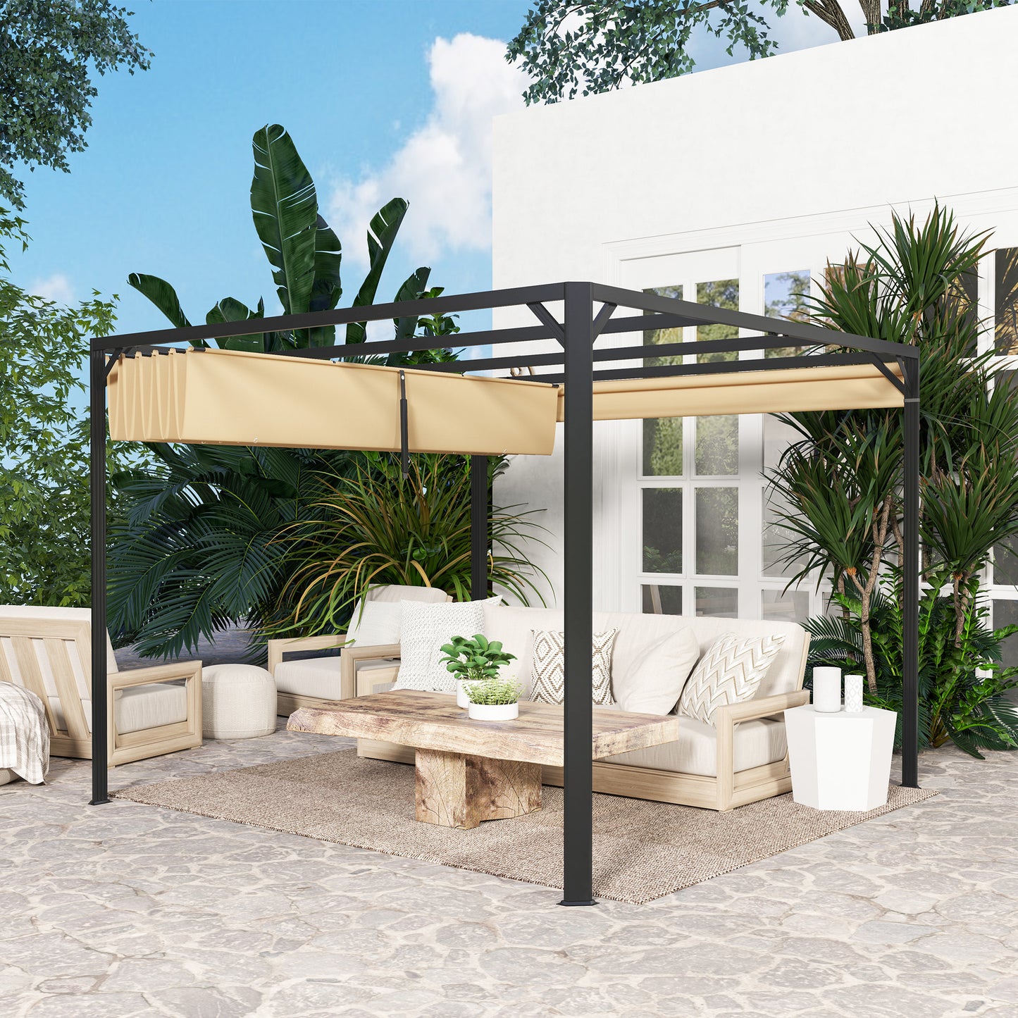 Pergola aluminiowa Outsunny 3 x 3 m z rozsuwanym dachem i ścianą w kolorze khaki