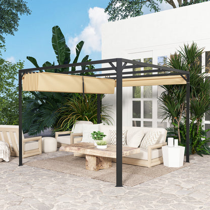 Pergola aluminiowa Outsunny 3 x 3 m z rozsuwanym dachem i ścianą w kolorze khaki