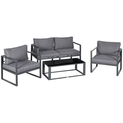 Outsunny 4 Pieces Garden Sofa Set 2 Single Armchair 1 Bench & Side Table Set Aluminium Frame Patio Furniture with Cushions Grey