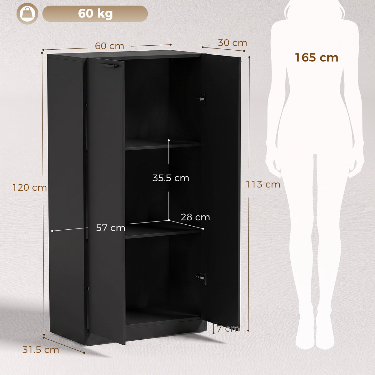 HOMCOM 120 cm Tall Storage Cabinet Cupboard, 3-Tier File Organiser Wooden Filing Cabinet, Black