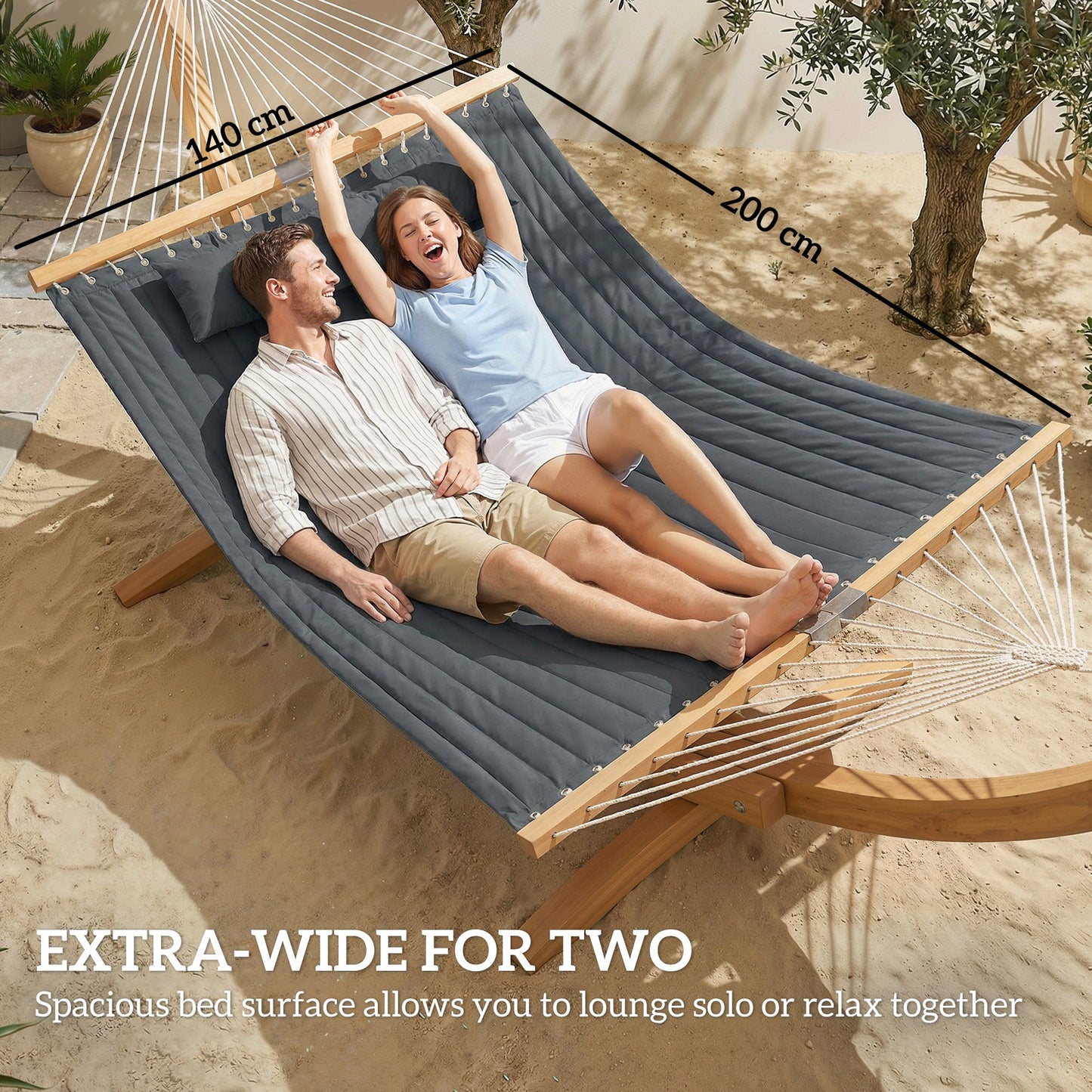 Outsunny Double Hammock 2 Person Swing Bed with Spreader Bars, Pillows, Pad, 200 x 140cm, Grey