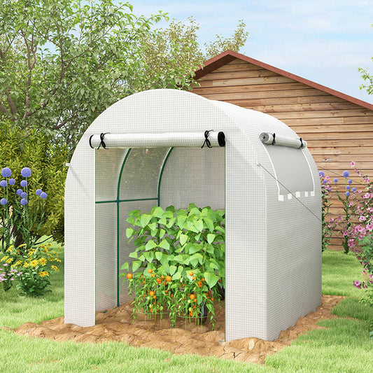 Outsunny Walk in Polytunnel Greenhouse, szklarnia ogrodowa z rolowanym oknem i drzwiami, 1,8 x 1,8 x 2 m, biała