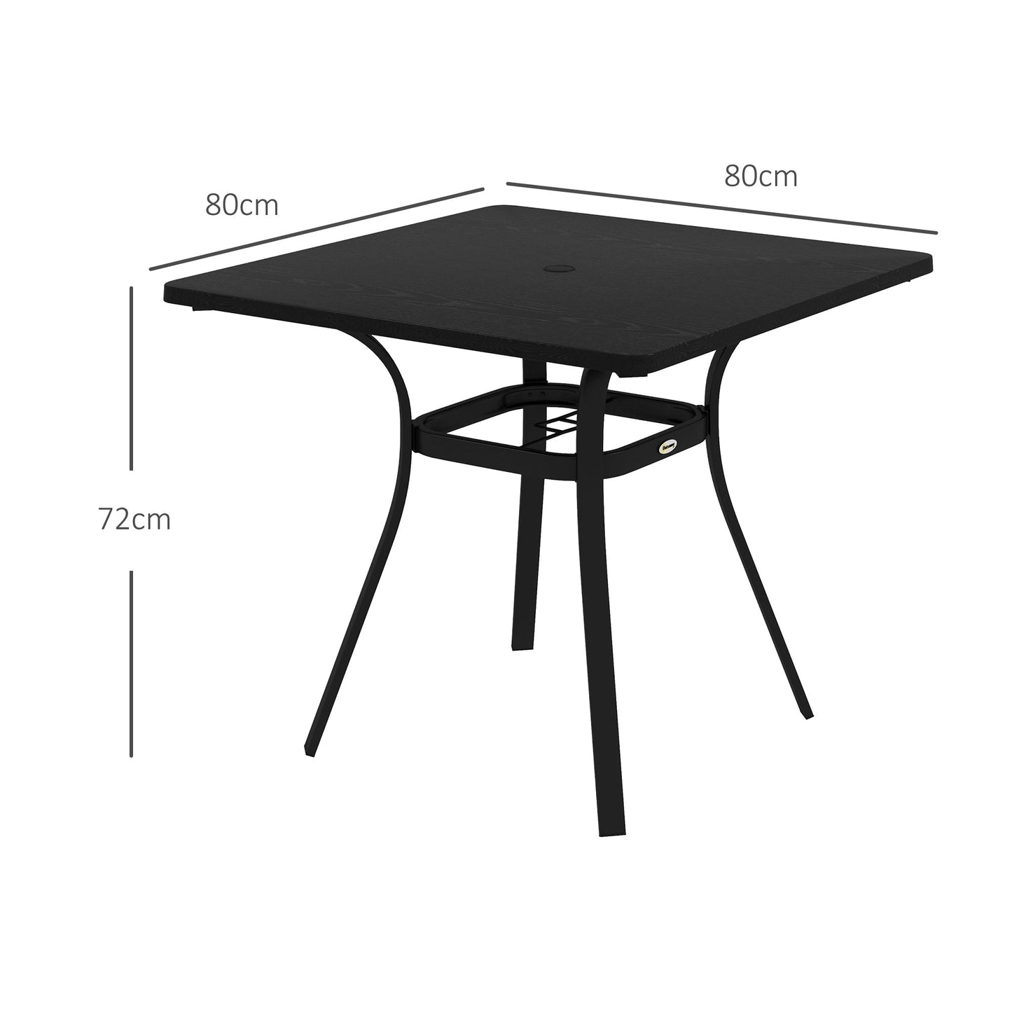 Outsunny Steel Frame Garden Table with Metal Tabletop, Foot Pads, Umbrella Hole, Modern Design, for Balcony, Porch, Black