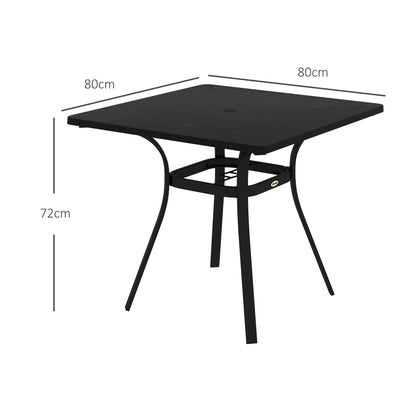 Outsunny Steel Frame Garden Table with Metal Tabletop, Foot Pads, Umbrella Hole, Modern Design, for Balcony, Porch, Black