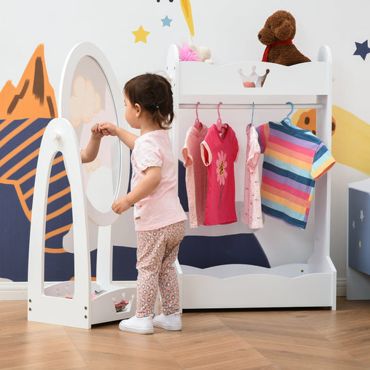 HOMCOM Kids Clothes Rail and Mirror Set 360 Rotation Free Standing Full Length Mirror and Hanging Rack with Storage Shelves Child's Dressing Mirror Garment Wardrobe White