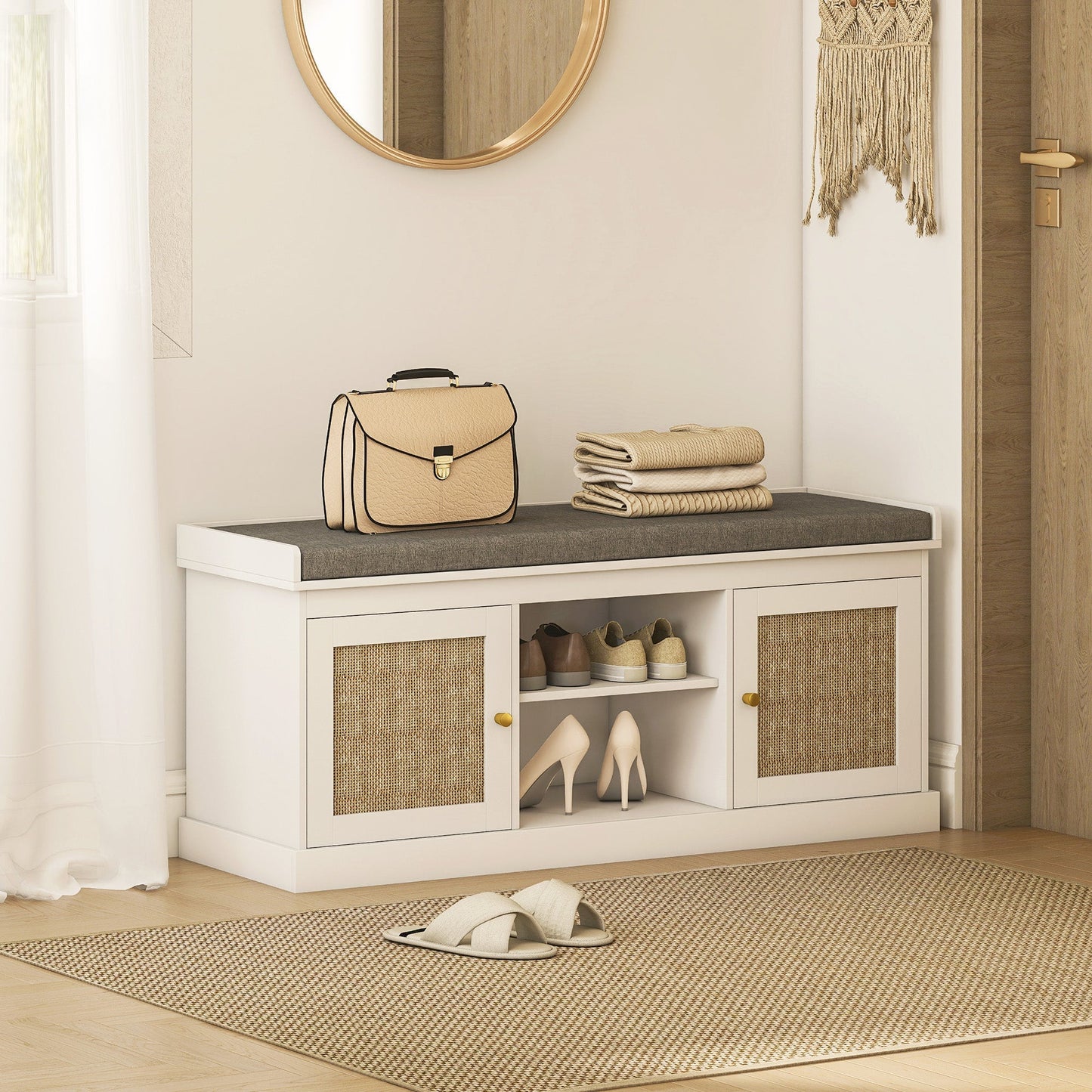 HOMCOM Boho Shoe Storage Bench with Padded Cushion and Rattan Doors - White