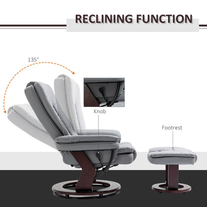HOMCOM Recliner Chair With footstool, Recliner Armchair up to 130kg Weight Capacity, 135 Reclining Swivel Sofa Chair, PU Leather Ergonomic Couch Bed with Swivel Wood Base for Living Room, Grey
