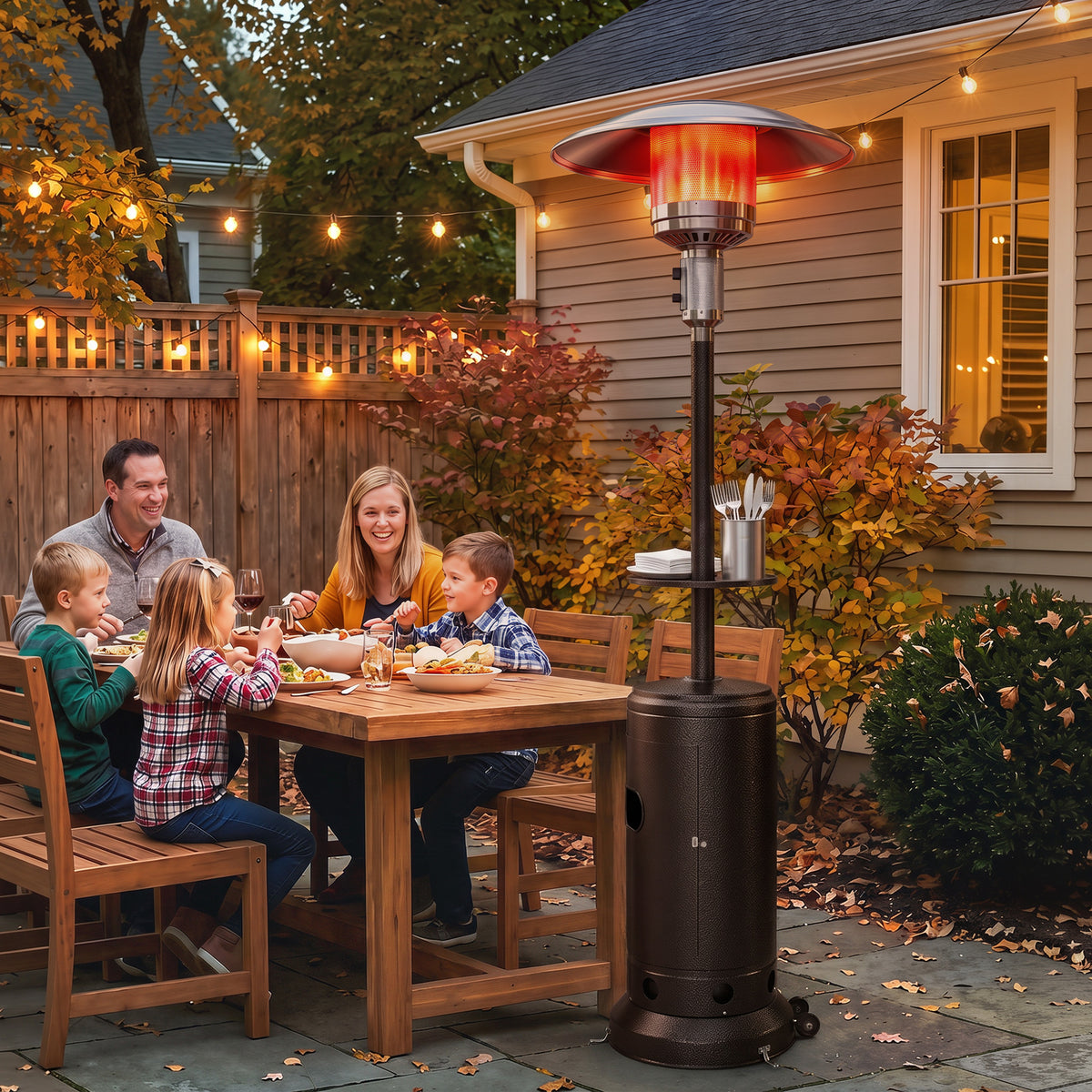 Outsunny Gas Patio Heater with Table Tray, 13 kW Portable Propane Outdoor Heater with Piezo Ignition, Tip-over Protection, Brown