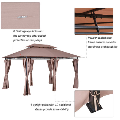 Outsunny 4m x 3(m) Metal Gazebo Canopy Party Tent Garden Pavillion Patio Shelter Pavilion with Curtains Sidewalls Brown