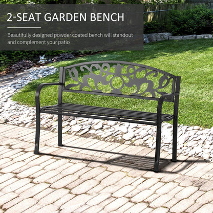 Outsunny 2 Seater Outdoor Patio Garden Metal Bench Park Yard Furniture Porch Chair Seat Black 128L x 91H x 50W cm