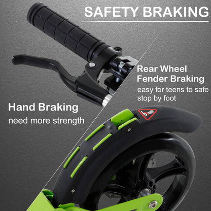 HOMCOM Kick Scooter, Folding 2 Wheel Scooter for 14+ Teens Adults, with Dual Brake System, Dual Suspension, 230mm Big Wheels, 3 Adjustable Handlebar, up to 100KG, Green