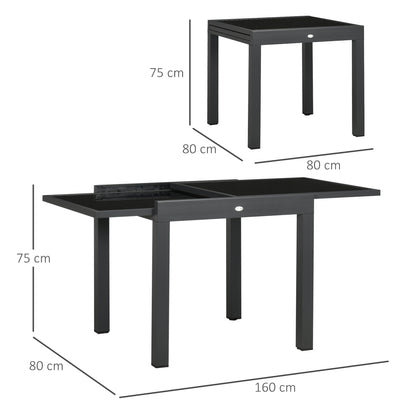 Outsunny Extending Garden Table, Outdoor Dining Table with Aluminium Frame and Tempered Glass Tabletop, 80/160 x 80 x 75 cm, Black