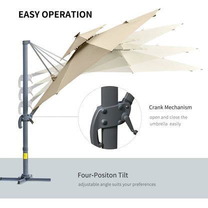 Outsunny 3m Cantilever Parasol w/ Solar Lights Power Bank Cross Base مظلة قابلة للتعديل 360 درجة تدور في الهواء الطلق مظلة حديقة 2-Tier Roof Sun Shade كاكي