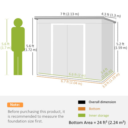 Outsunny 7 x 4 Garden Shed, Galvanised Steel, Metal Lean-to Tool Shed with Foundation Kit, Grey