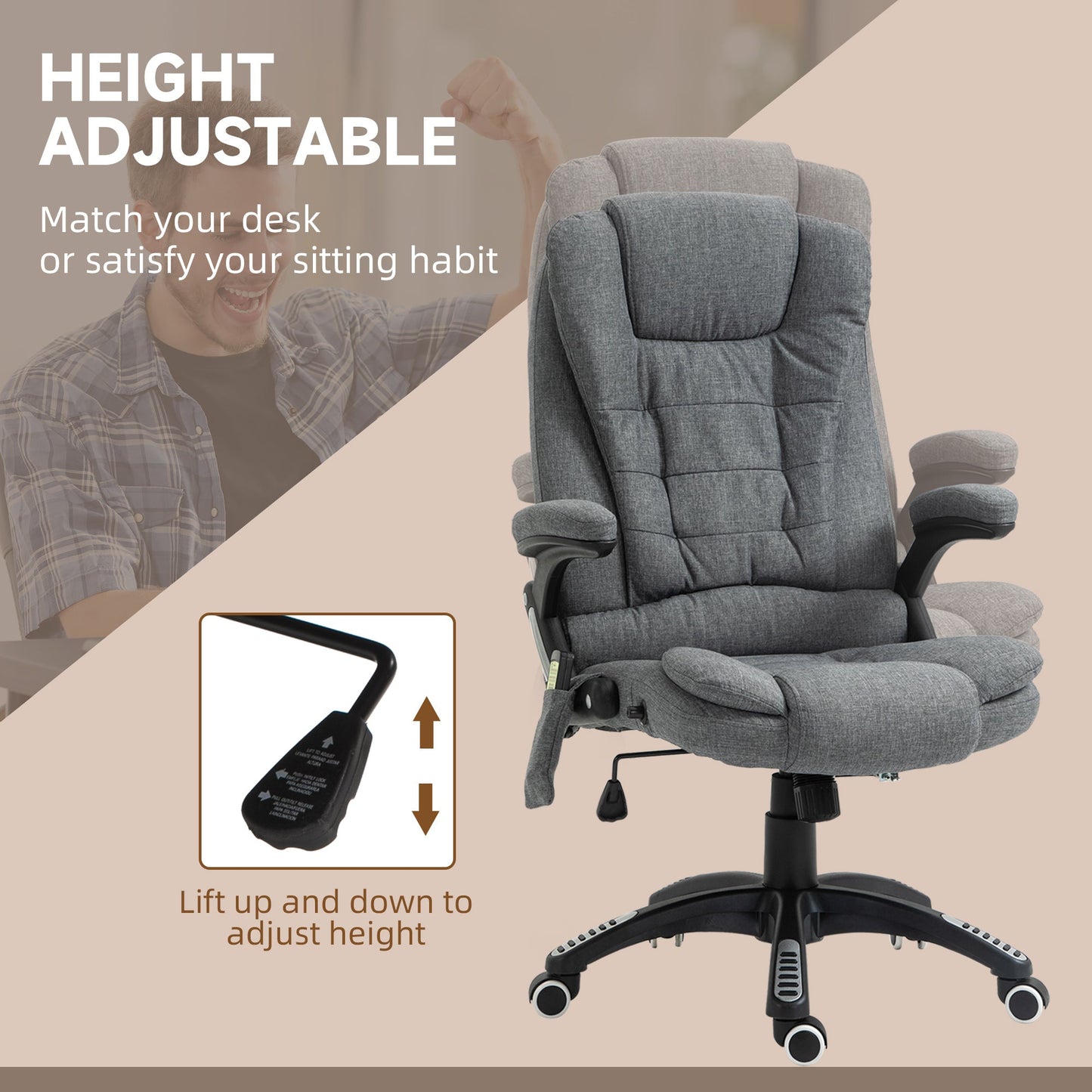 Vinsetto Massage Recliner Chair Heated Office Chair with Six Massage Points Linen-Feel Fabric 360¡ Swivel Wheels Grey