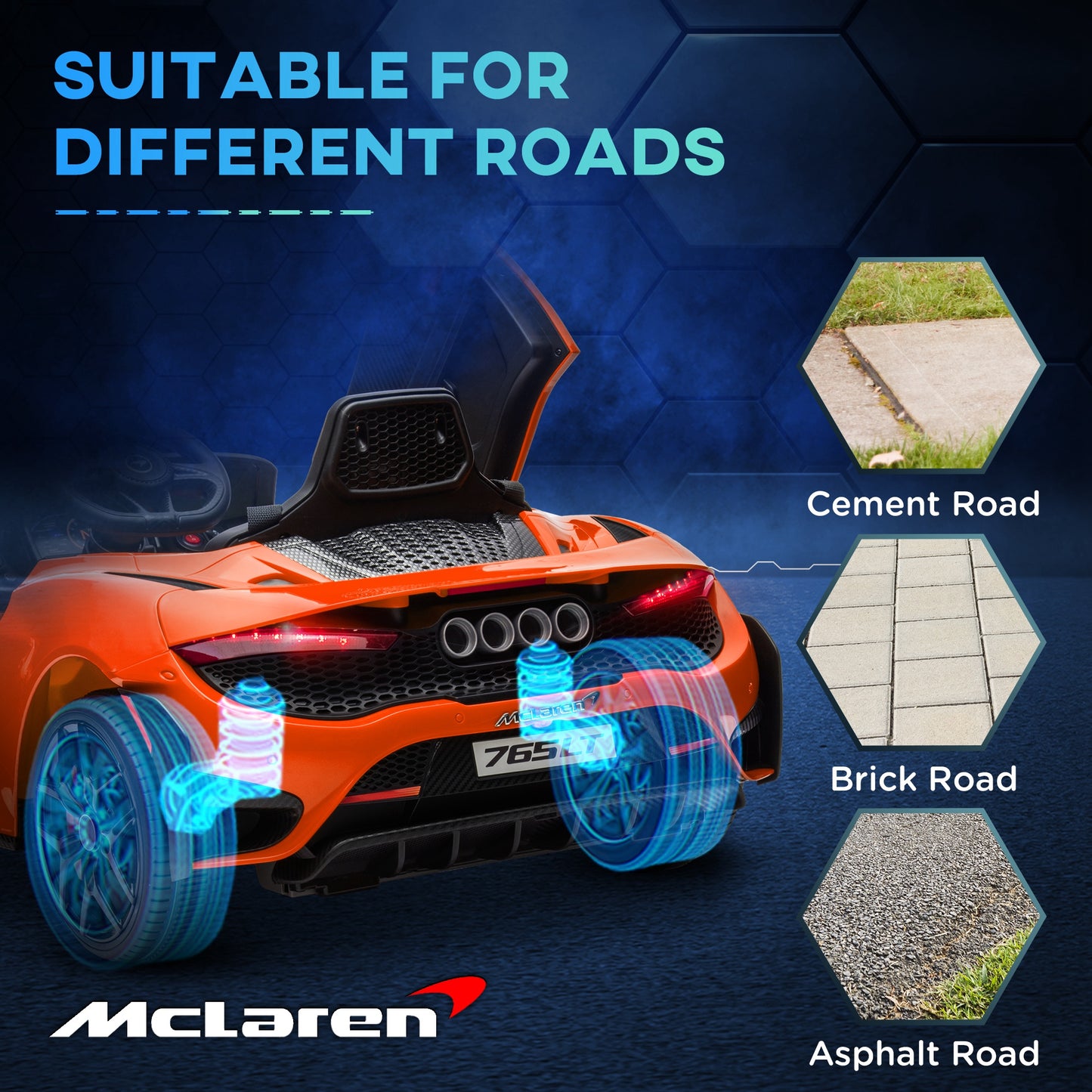 سيارة كهربائية للأطفال مرخصة من AIYAPLAY McLaren 765LT بقوة 12 فولت مع أبواب على شكل فراشة وعجلات نقل تعمل بالتحكم عن بعد باللون البرتقالي