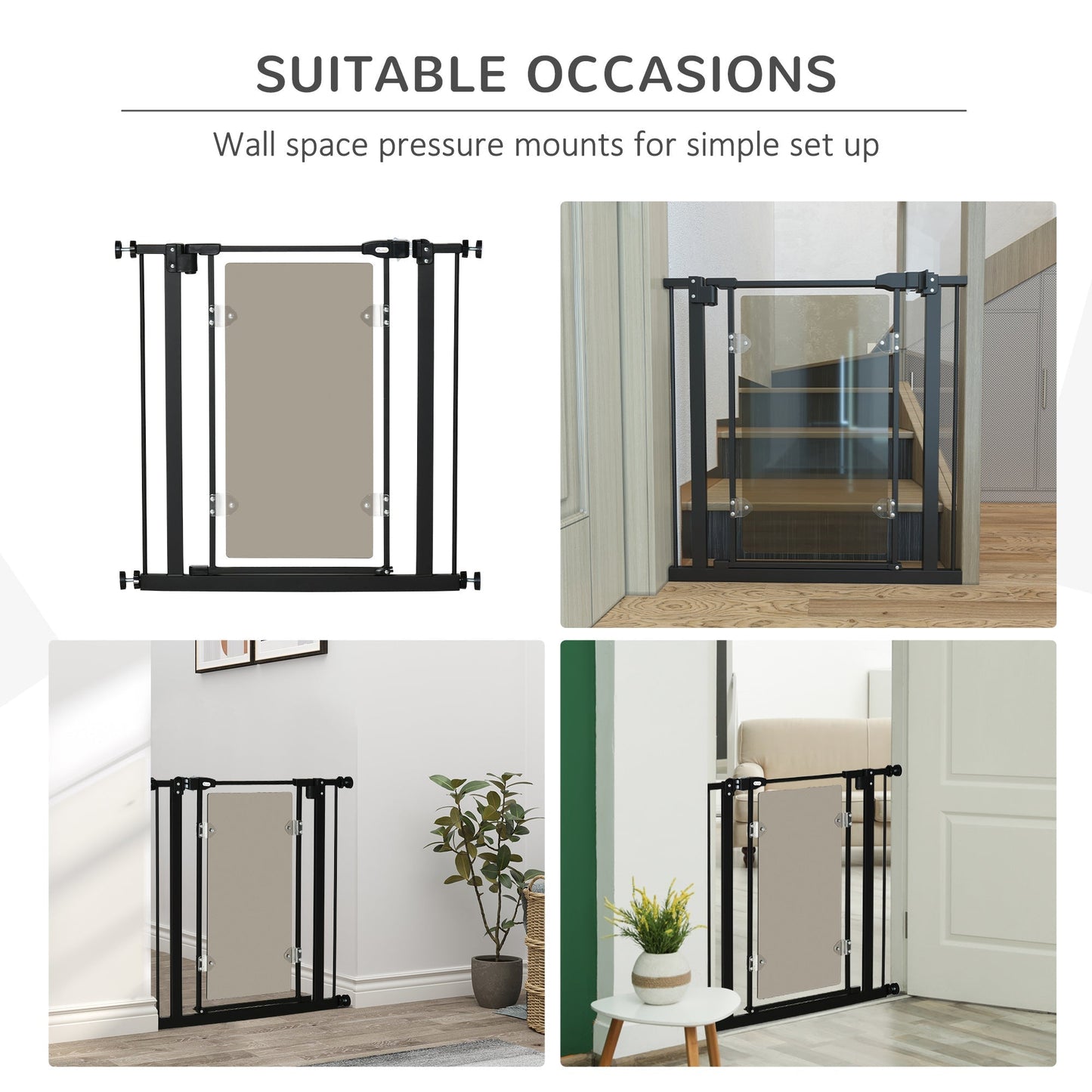 PawHut Pressure Fit Pet Safety Gate, Auto-Close Dog Barrier Stairgate, with Double Locking, Acrylic Panel, for Doors, Hallways, Staircases, Openings 74-80 cm, Black Barrier, w/