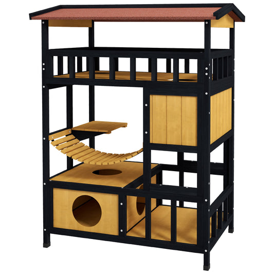 PawHut Outdoor Cat Shelter, Four-Tier Wooden Feral Cat House, with Suspension Bridge, Cat Houses, Balcony, Escape Doors