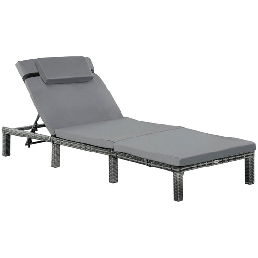 Outsunny PE Rattan Sun Lounger with Soft Padded Cushion, Patio 5-level Reclining Sun Lounger with Headrest, Grey