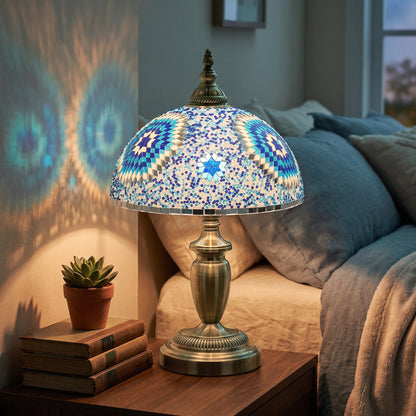 HOMCOM 30cm Tiffany Lamp, Stained Glass Bedside Table Lamp with Button Switch and Metal Base, Blue
