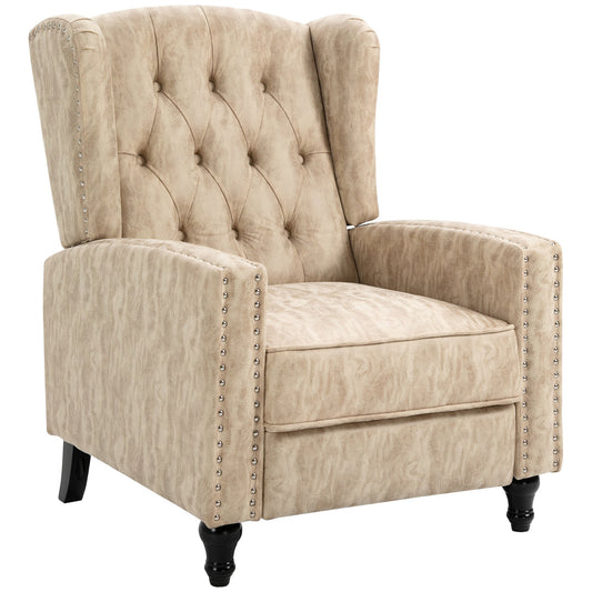 Retro Style Studded Upholstered Reclining Armchair w/ Retractable Footrest Beige