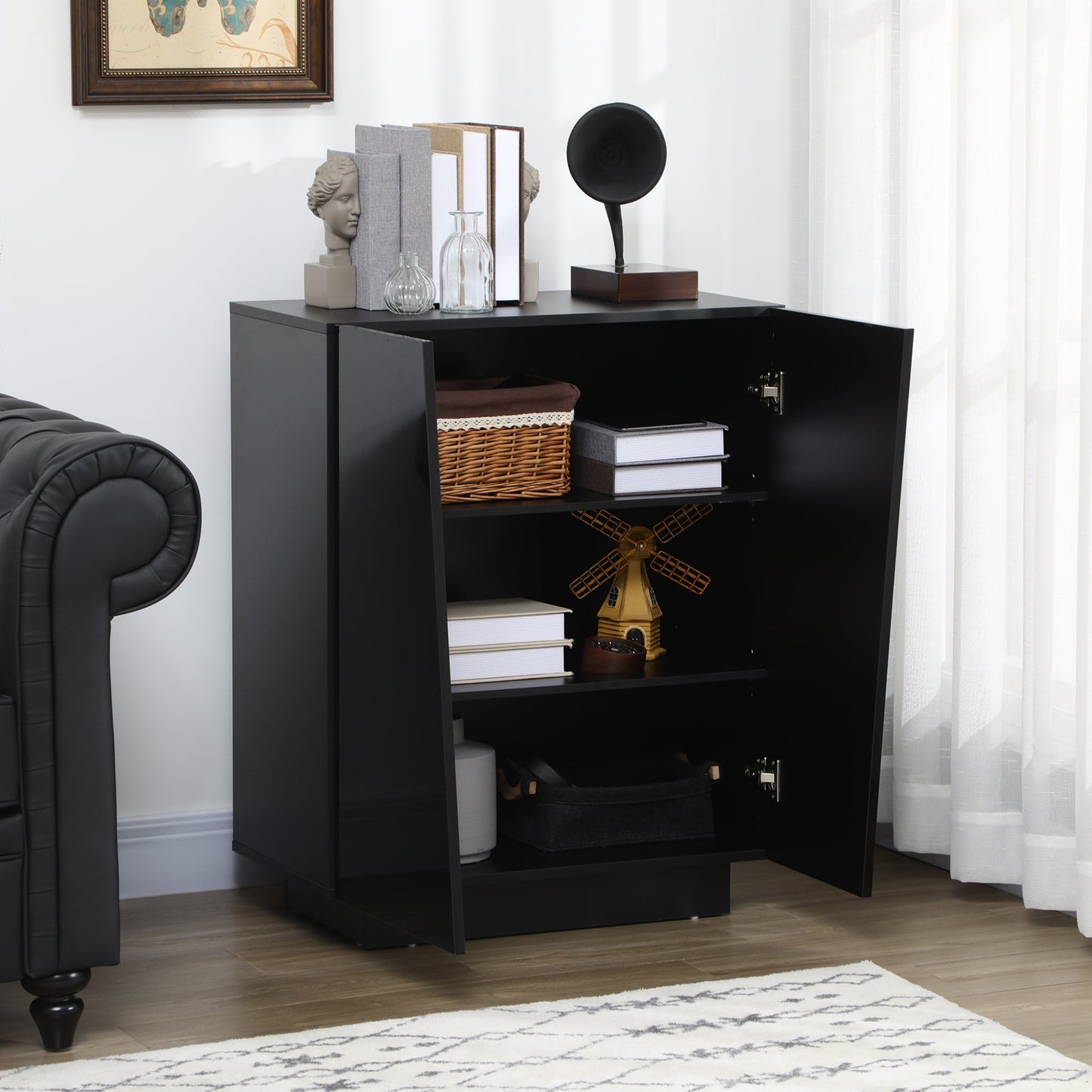 Freestanding Storage Cabinet for Bedroom, Wooden Sideboard, High Gloss Storage Cupboard with Adjustable Shelves, Black