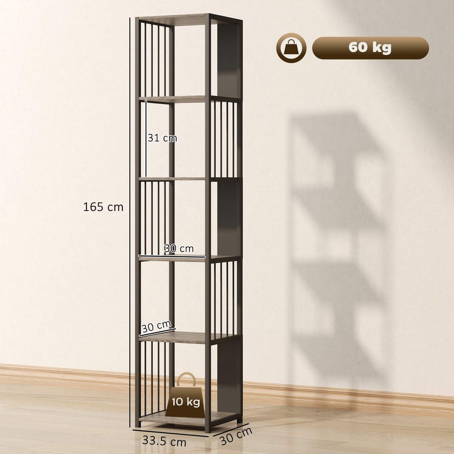 HOMCOM 5-Tier Bookshelf with Steel Frame - Grey
