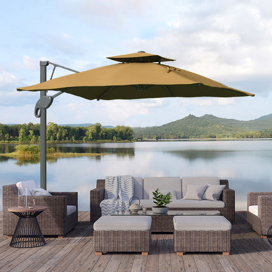 Parasol ogrodowy Outsunny, 3 m, wspornikowy, z mechanizmem hydraulicznym, góra z podwójnym otworem wentylacyjnym, 8 żeber, podstawa krzyżowa, kolor khaki