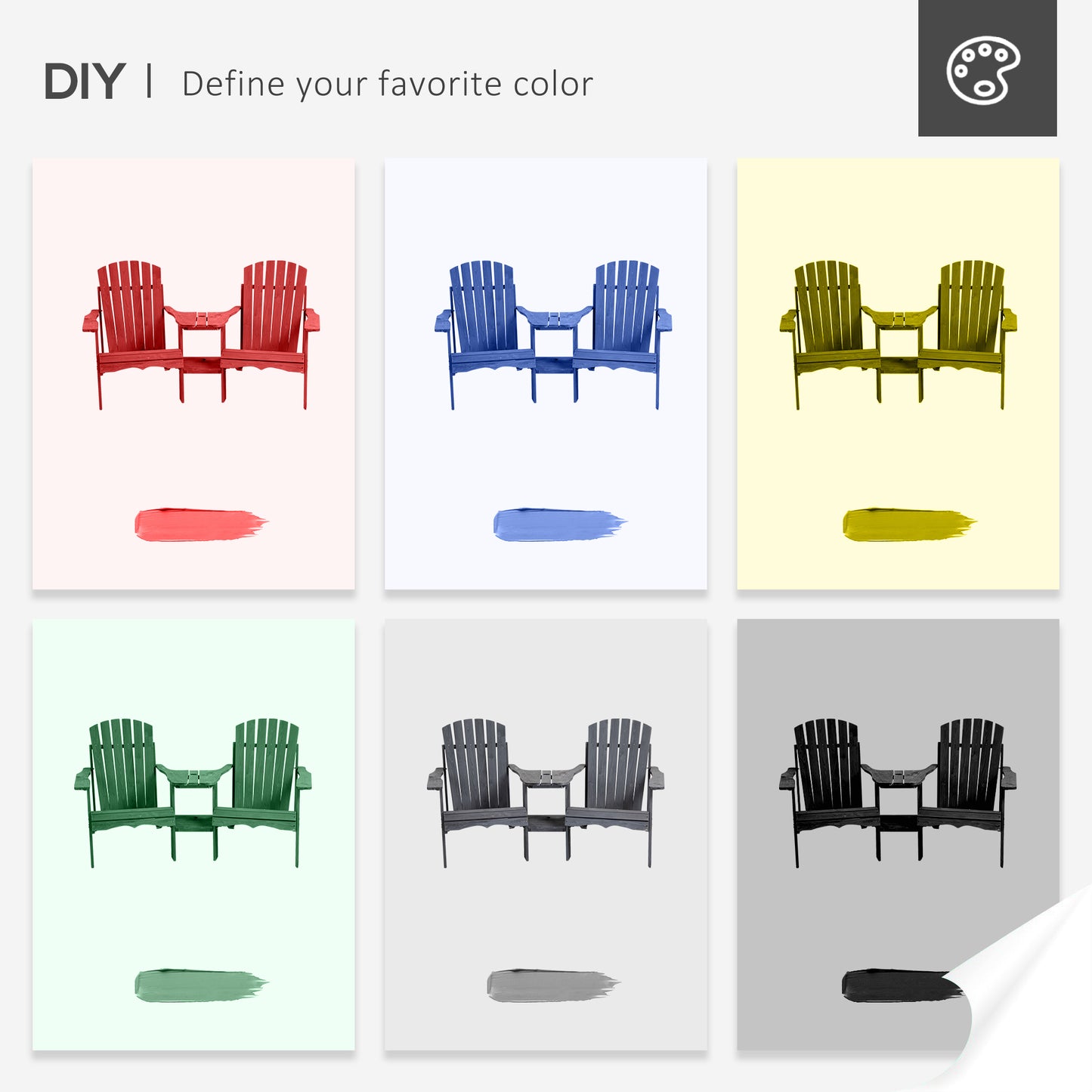 Drewniana sofa ogrodowa Outsunny Double Adirondack Chairs z podwójnymi krzesłami, stolikiem centralnym i otworem na parasol, meble ogrodowe do wypoczynku i relaksu, kolor szary