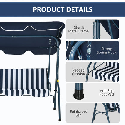 Outsunny 3 Seater Canopy Swing Chair Outdoor Garden Bench with Adjustable Canopy and Metal Frame - Blue Stripes