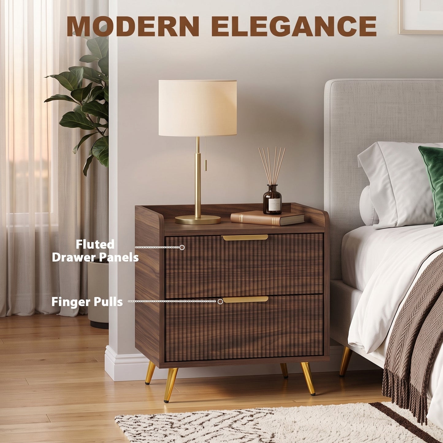 HOMCOM Elegant Two-Drawer Bedside Table - Walnut Brown