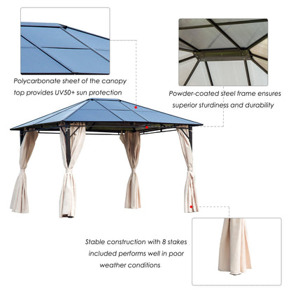 Outsunny 3 x 3.6m Hardtop Gazebo Canopy with Polycarbonate Roof Garden Pavilion with Removable Curtains and Steel Frame, Brown