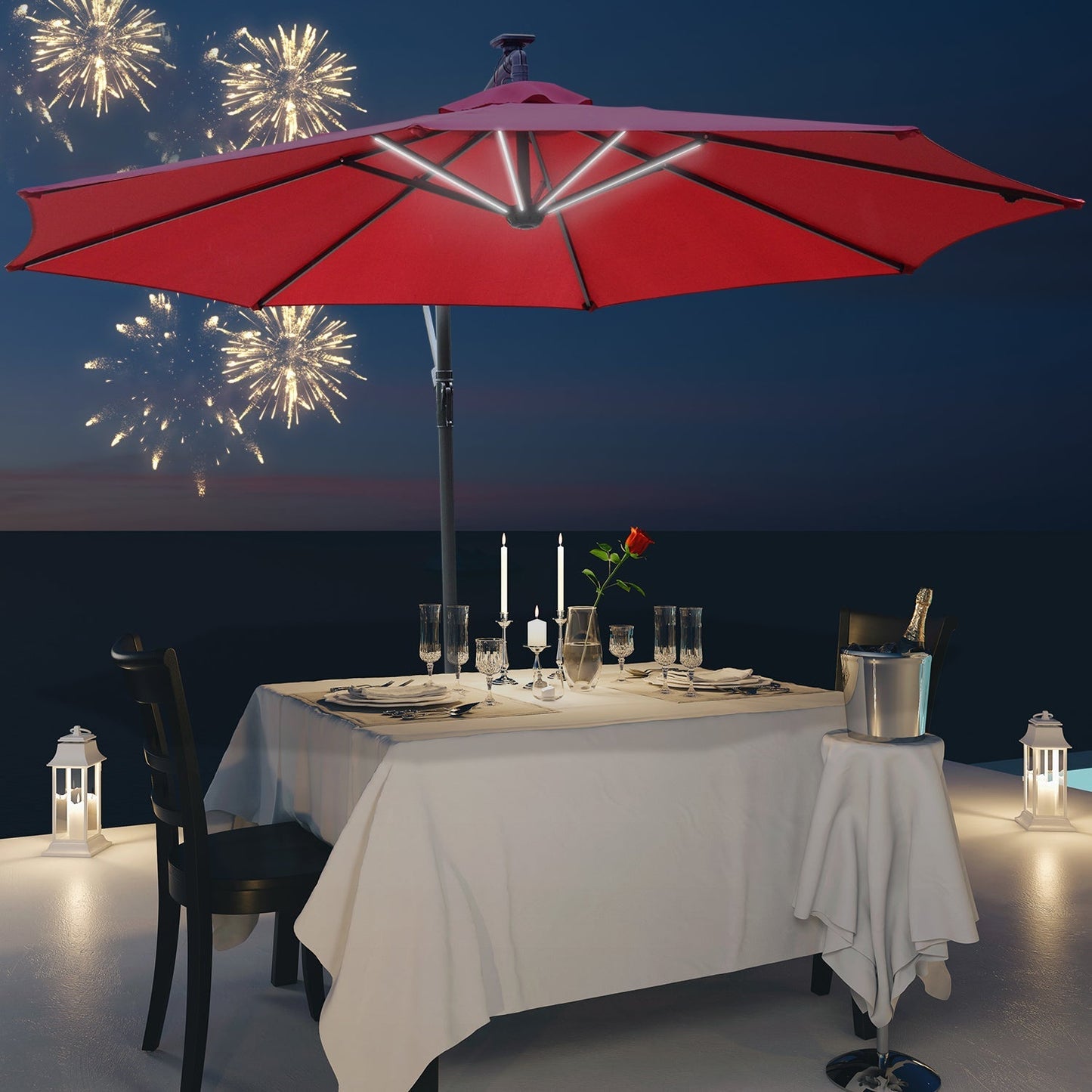 Outsunny 3m LED Patio Banana Umbrella Cantilever Parasol w/ Crank Cross Base Hanging Offset Umbrella Frame Steel  Aluminium Garden Table Outdoor Red