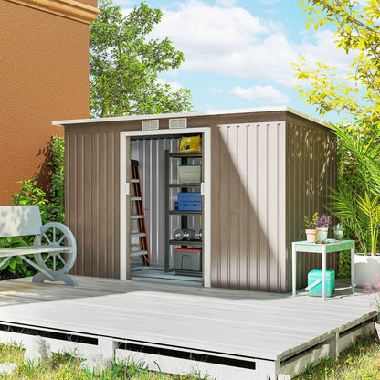 Outsunny 4 x 9ft Metal Shed, with Foundation Shed - Brown