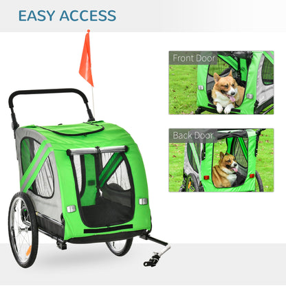 PawHut 2-In-1 Dog Bike Trailer Pet Stroller Pushchair with Universal Wheel Reflector Flag Green