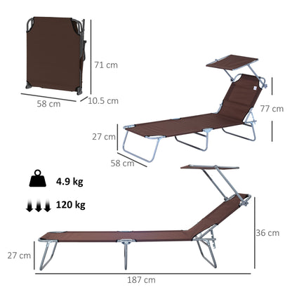 Outsunny Outdoor Foldable Sun Lounger, 4 Level Adjustable Backrest  Reclining Sun Lounger Chair with Angle Adjust Sun Shade Awning for Beach, Garden, Patio, Brown
