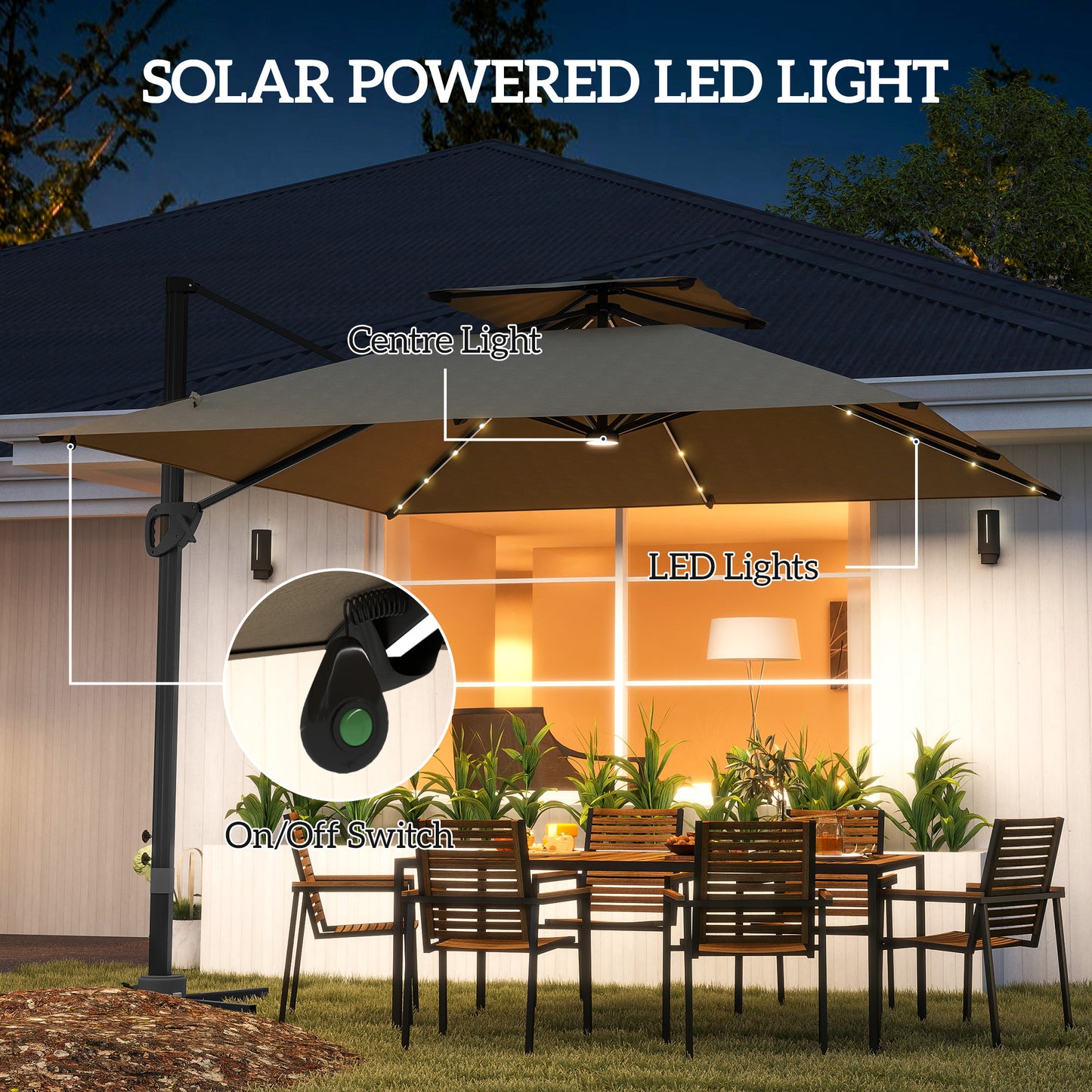 Outsunny 3.5x3 m Garden Cantilever Parasol with Solar LED Lights and Centre Light, UPF50+ Aluminium Patio Umbrella with 360√Ç¬∞ Rotation and Tilt, Hanging Sun Shade with Cross Base, Crank Handle, Khaki